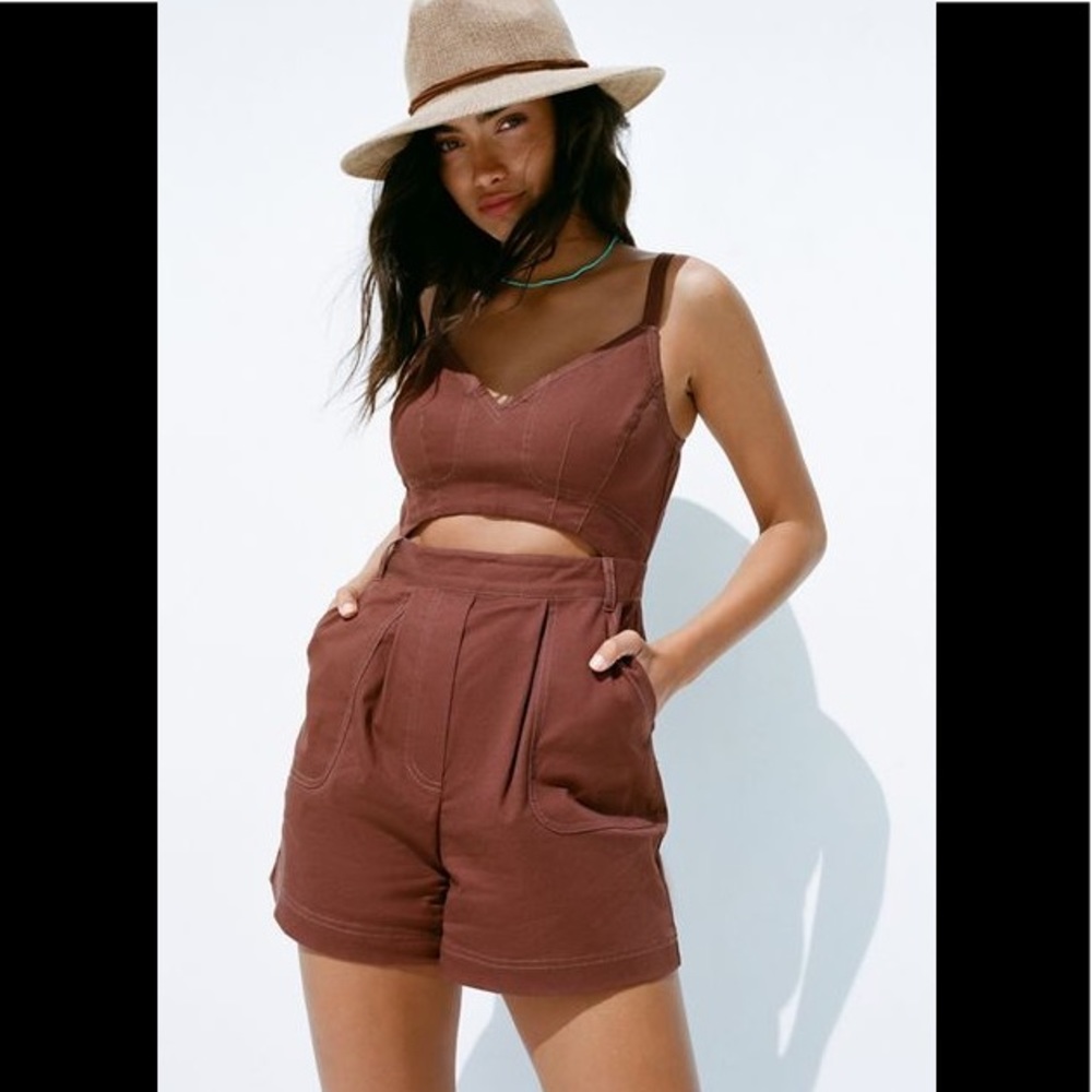 urban outfitters Dora brown cutout overall shorts